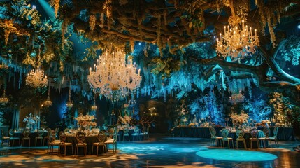 Luxurious event space with chandeliers and blue lighting under a large tree.