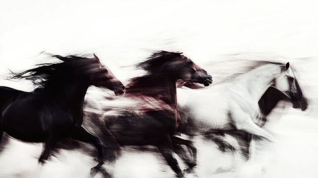 A captivating image of horses in motion, showcasing their strength and grace as they gallop at high speed with a dynamic blur effect, symbolizing freedom and power.