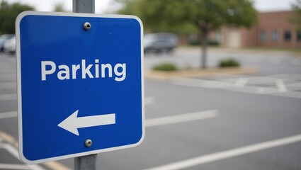 Parking sign with arrow on post in empty lot