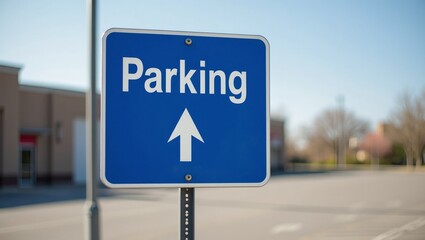 Parking sign with arrow on post in empty lot