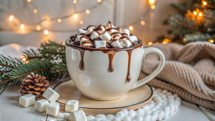 Fototapeta premium Hot chocolate with whipped cream and marshmallows served with holiday décor on cozy table
