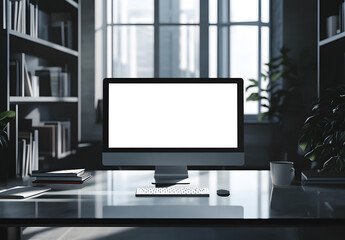 Fototapeta premium Blank computer screen on the glassy table at bookshelf background design,