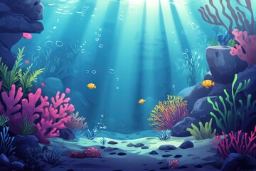 A colorful underwater scene with a variety of sea creatures swimming around, generative ai image