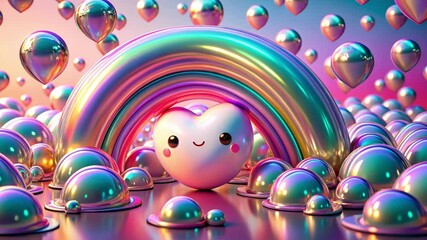 Adorable cute kawaii heart character with a smiling face under a vibrant, metallic iridescent rainbow surrounded by glossy bubbles on a colorful background, evoking joy and whimsy. - Powered by Adobe
