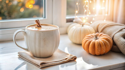 Cozy autumn morning with coffee and pumpkins by the window in soft natural light