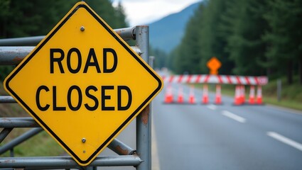 Yellow Road Closed sign on metal barrier with roadblock and detour cones