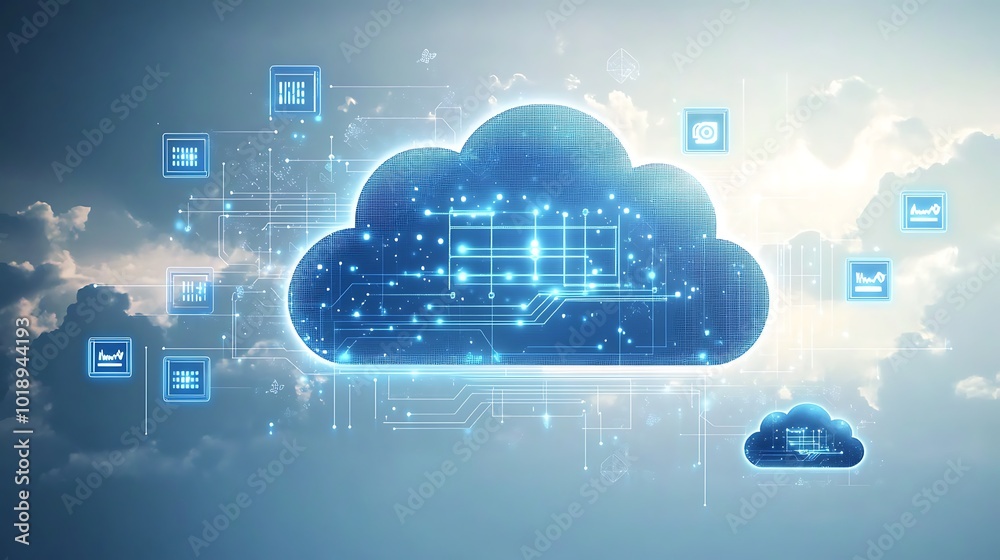 Poster a blue digital cloud icon with circuit board lines, with small cloud icons around it, set against a 