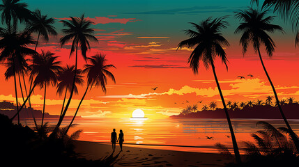 Sunset on beach with people and palms