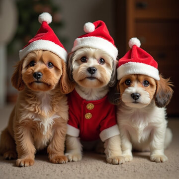 Retrato tres perritos vestidos de santa claus en una casa