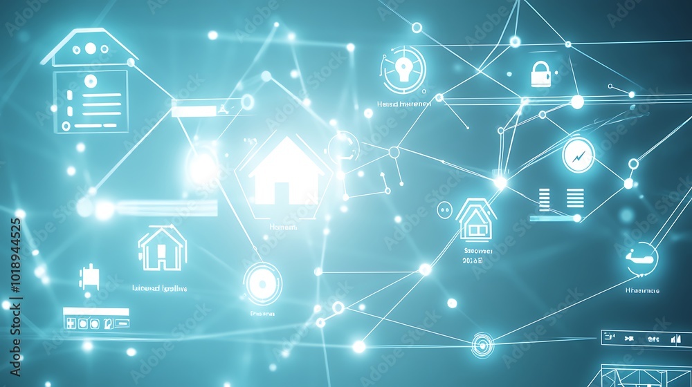 Poster abstract futuristic technology background with home and network icons, representing smart home techn
