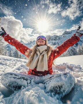a female snowboarder with glasses sits on the snow with her head thrown back and her arms raised against the backdrop of winter mountains