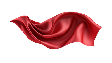 A red fabric is shown in the air, with the edges of the fabric being cut off
