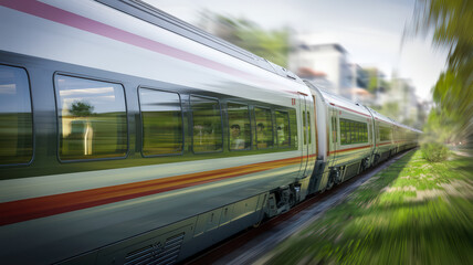 Naklejka premium High speed Train racing through a green countryside with motion blur. The train is sleek and silver, with its body glinting in the sunlight. The train is cutting through vibrant fields.