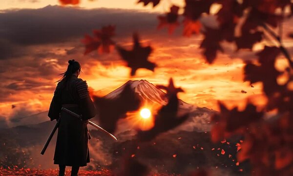 a man stands holding a samurai on a mountaintop and watches the sunset. mixed media
