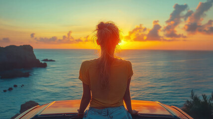 A woman gazing at a stunning sunset over the ocean, capturing the beauty of nature and peaceful reflection. Silhouette in a tranquil scene of vibrant skies and calming waters