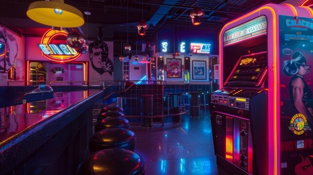 1980s Retro Karaoke Bar with Neon Lights and Vintage Posters for Nostalgic Nightlife Scenes