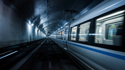 Fototapeta premium High speed Train racing through a green countryside with motion blur. The train is sleek and silver, with its body glinting in the sunlight. The train is cutting through vibrant fields.