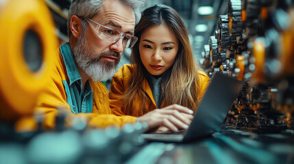Obraz premium Industrial engineers analyzing data on a tablet in a factory, highlighting technology and teamwork in manufacturing