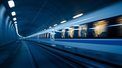 Fototapeta premium High speed Train racing through a green countryside with motion blur. The train is sleek and silver, with its body glinting in the sunlight. The train is cutting through vibrant fields.