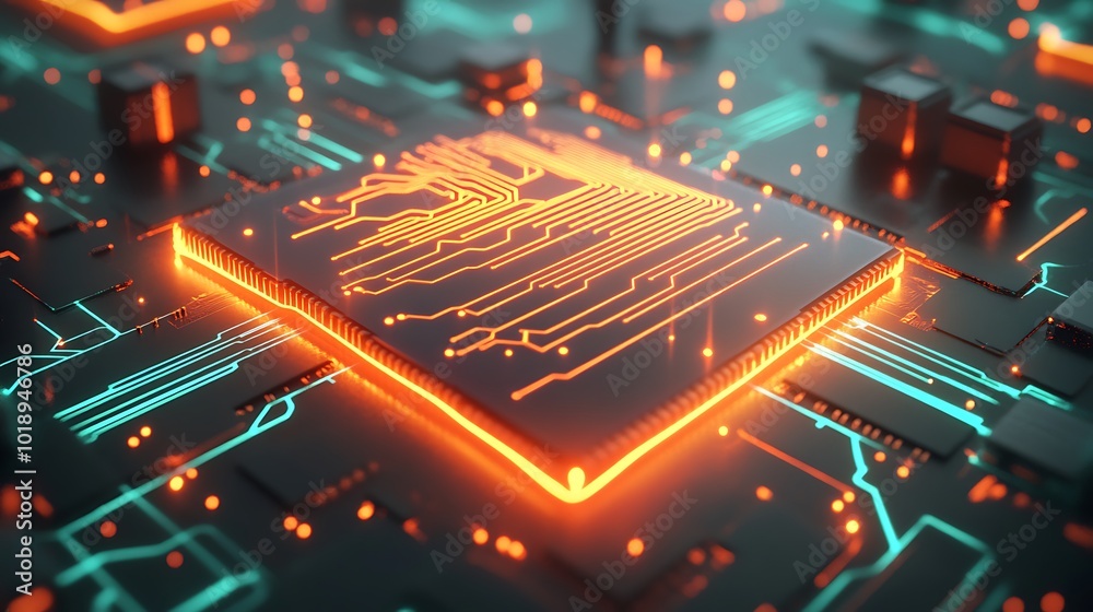 Poster a close-up of a glowing orange computer chip on a circuit board with neon blue lines.