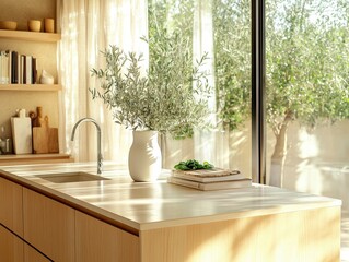 Fototapeta premium A kitchen counter with a sink and a vase of flowers