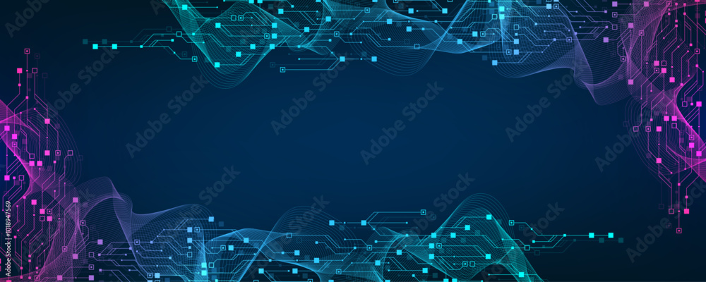 Aufkleber Digital technology abstract background with AI circuit board texture. Technology connected blue lines with electronics elements on tech BG. Semiconductor hardware. Cyber engineering.