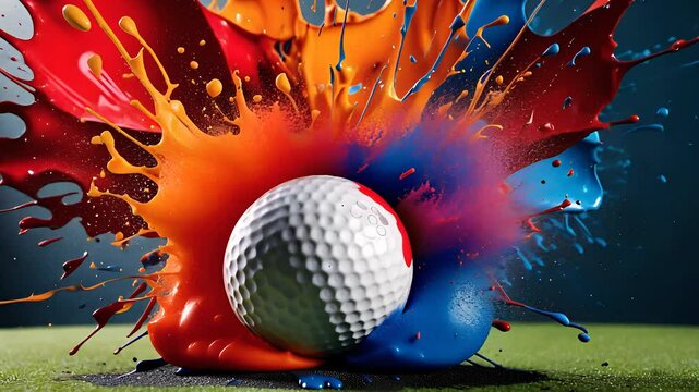 Golf Ball Surrounded by Vibrant Paint Splashes
