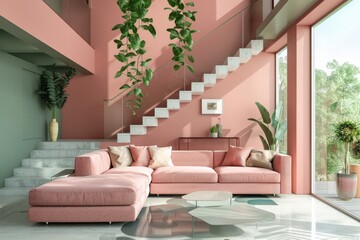 Obraz premium A large living room with a pink wall and a green staircase, generative ai image
