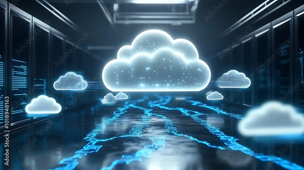 Poster A glowing cloud symbol in a server room with digital data streams.