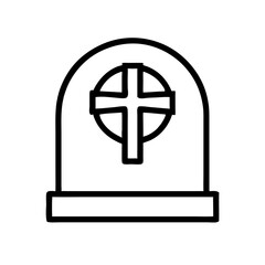 Minimalist line art of a tombstone with a cross, simple Halloween icon in black and white