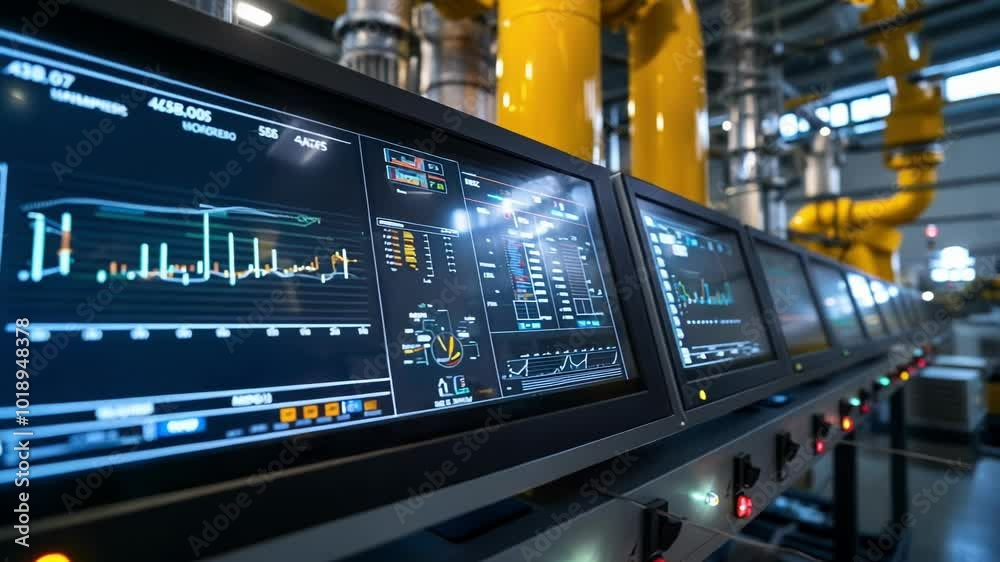 Poster modern control room equipped with multiple monitors displaying real time data, showcasing the comple
