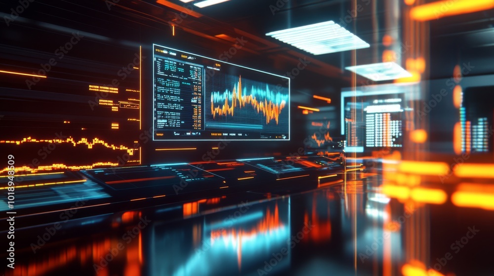 Poster futuristic data center with digital screens and lights