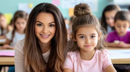 Obraz premium Smiling Teacher and Student in a Classroom Setting, AI