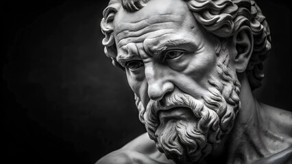 Close-Up of an Ancient Marble Statue of a Sad Old Man - Black and White Art with Copy Space