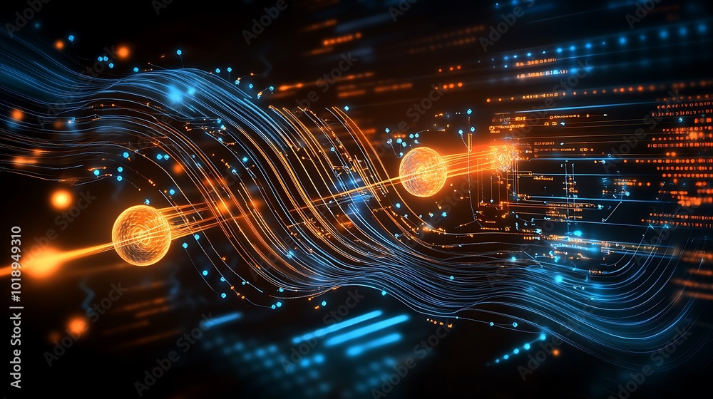Aufkleber Abstract digital background with glowing orbs connected by lines and data.