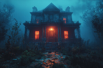 Obraz premium A haunted house with spooky sounds and cobwebs, inviting thrill-seekers to enter. Concept of Halloween attractions.