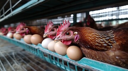 poultry farming with smart management and chickens in cages laying eggs, highlighting advanced farming techniques and technology for efficient egg production and livestock automation