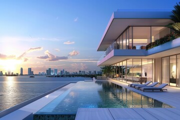 A large pool with a house in the background, generative ai image