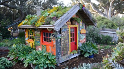 A whimsical playhouse adorned with graffiti, vibrant colors, and a garden roof, nestled in a lush garden with succulent plants.