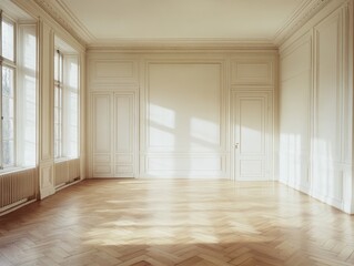 A large room with white walls and wooden floors