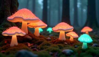 Fototapeta premium Luminous mushrooms light up a foggy forest floor at dusk, conjuring a magical atmosphere
