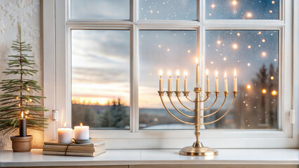 Menorah with Winter Sunset by the Window