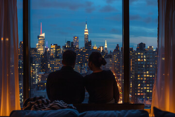 a couple watches new york from their hotel balcony