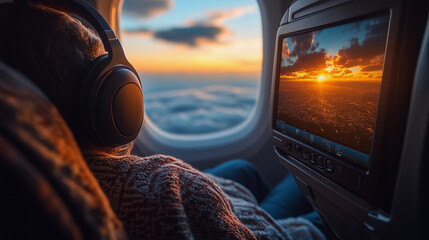 Fototapeta premium passenger with headphones sitting by the window on an airplane, traveling comfortably during the holiday season