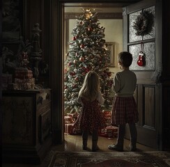 Stunning high resolution photos of brother and sister sneaking up to Christmas tree to get presents.Christmas
