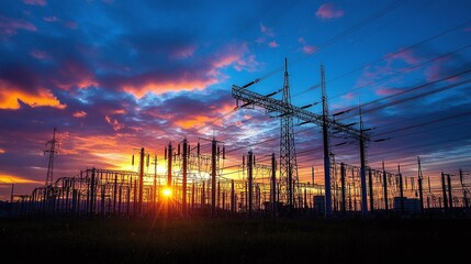 Fototapeta na wymiar dusk view of electricity grid infrastructure emphasizing the critical protection needed for power transmission and distribution systems to ensure a reliable energy network