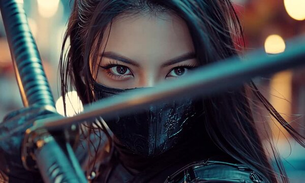 portrait of asian woman with black mask and katana sword