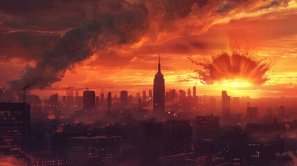 Fototapeta premium Twilight Cityscape with Silhouettes and Fiery Sky After Nuclear Explosion