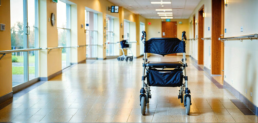 Obraz premium Wheelchair, walker or walking aid standing on a corridor in a retirement home - ai generated