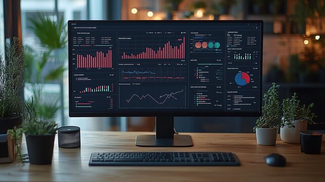 network monitoring dashboard with real-time data, graphs, and system health indicators displayed on a computer monitor, emphasizing analytics and performance monitoring in digital systems